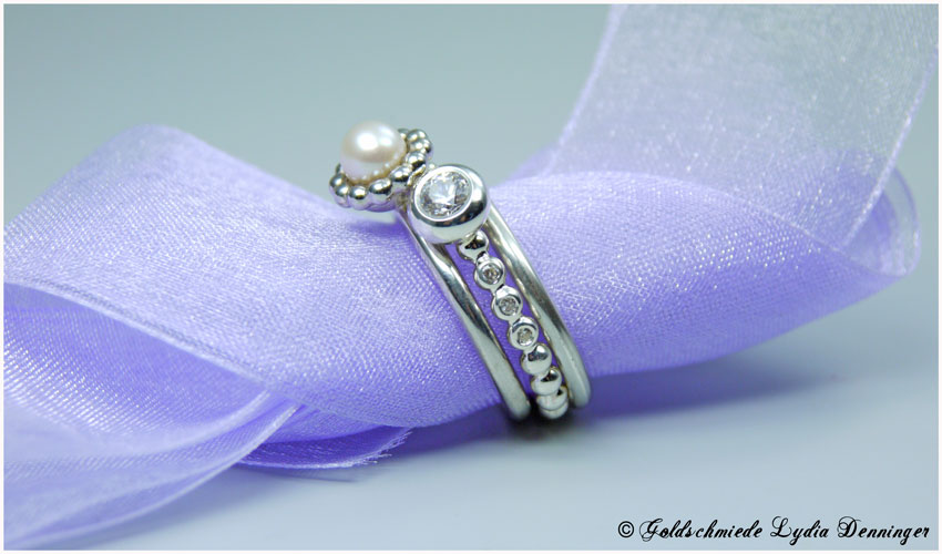 Ringvariation 925/- Silber Perlschalenring mit Süßwasserperle und Swarovski Gemstonesring 