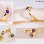 Ring 585/- Gelbgold, in die Solitärfassung wurde ein Amethyst eingebettet und die Glanzkante wurde eismattiert und passende Ohrstecker dazu.