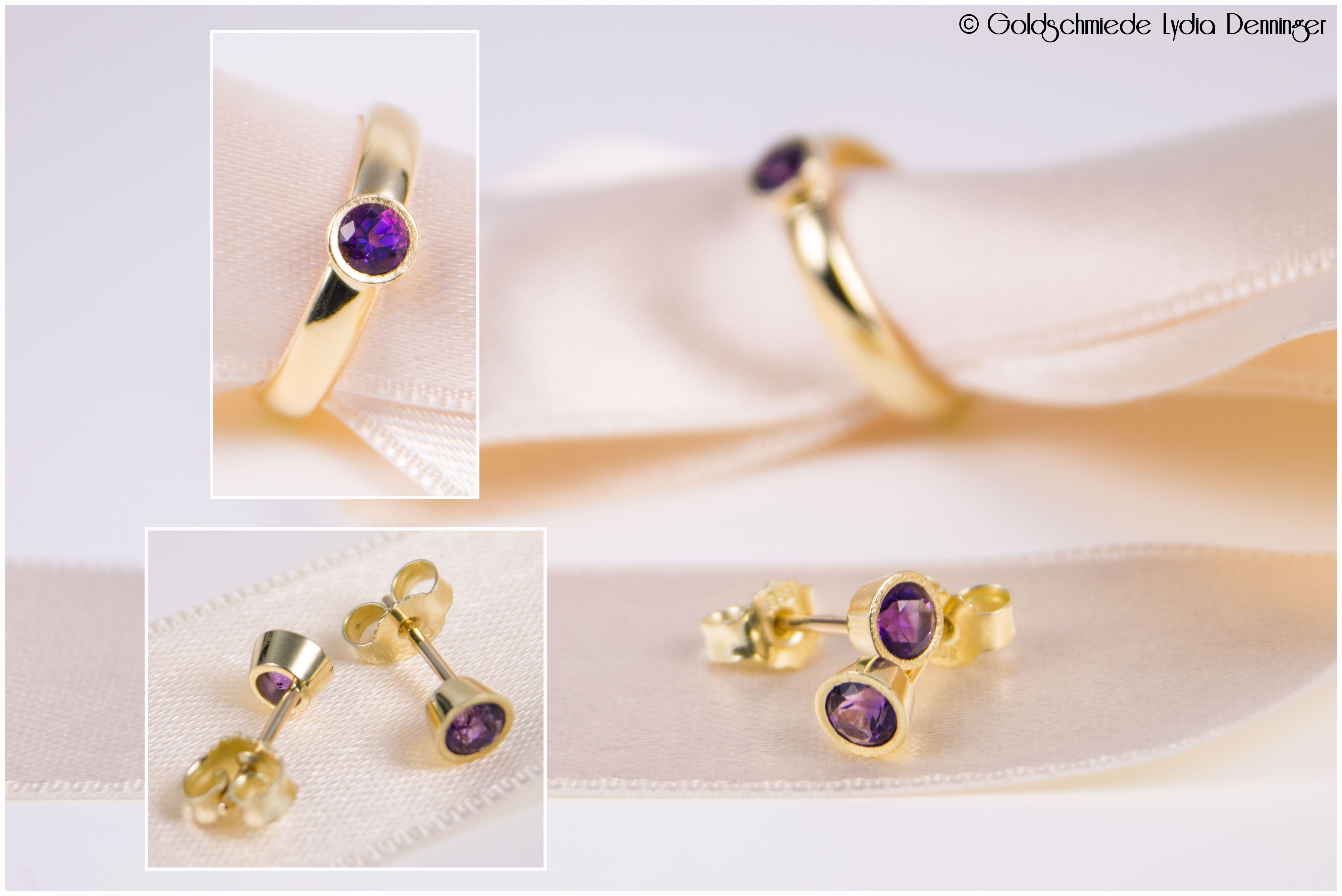 Ring 585/- Gelbgold, in die Solitärfassung wurde ein Amethyst eingebettet und die Glanzkante wurde eismattiert und passende Ohrstecker dazu.