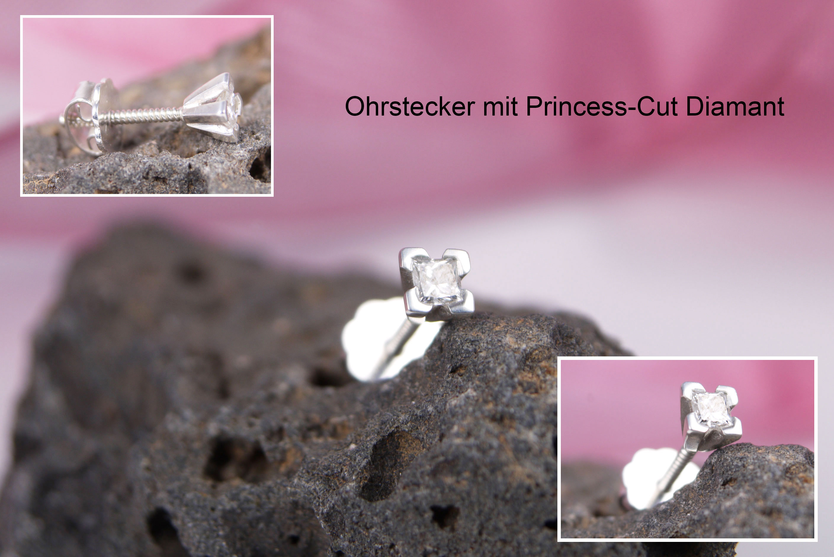 Ohrstecker 925/- Silber Princess Cut Diamant 2,5 mm und Ohrmutter zum Schrauben